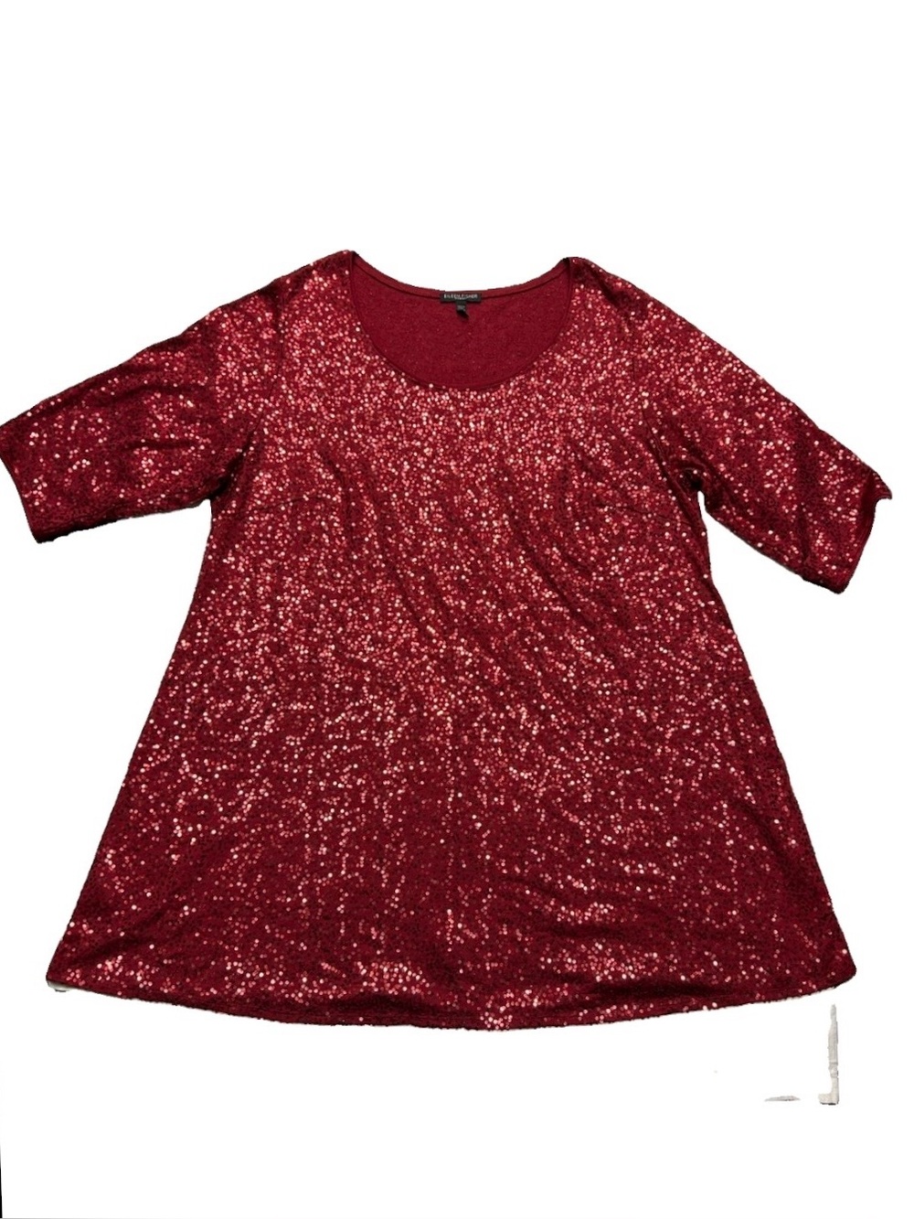 Eileen Fisher 100% Silk Red Sequin Tunic Top Sz 2X EUC Party Holiday Scoop Neck